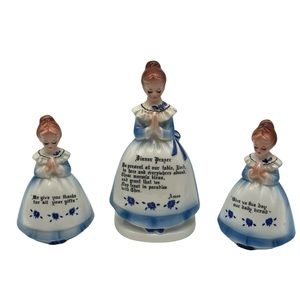 Vintage Enesco Blue Prayer Lady napkin holder and salt and pepper shakers